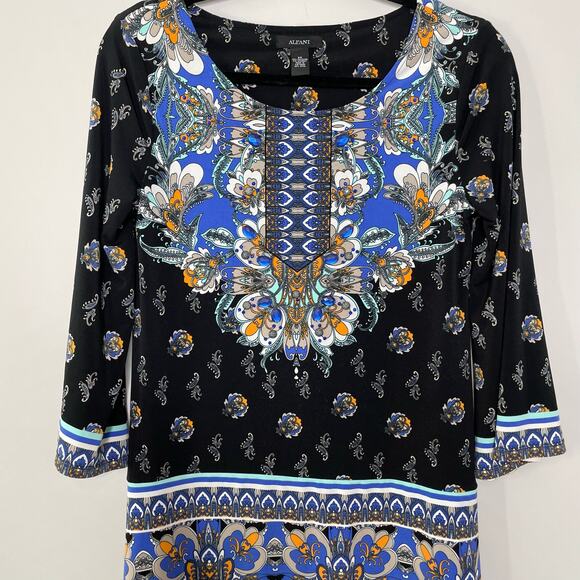 Alfani Boho Paisley Long Sleeve Scoop‎ Neck Knee Length Dress Black Women's XS - Picture 2 of 11